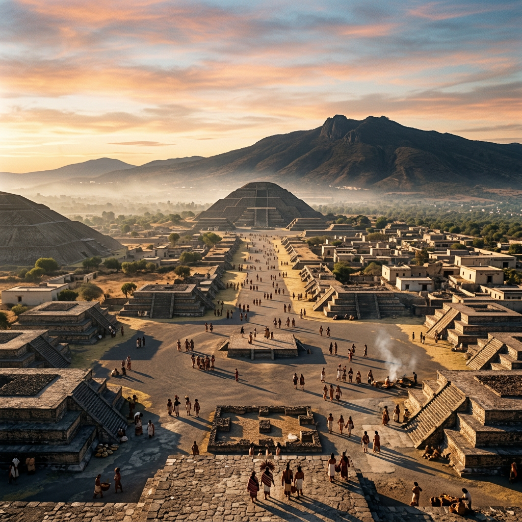 Ancient Teotihuacan at dawn with pyramids