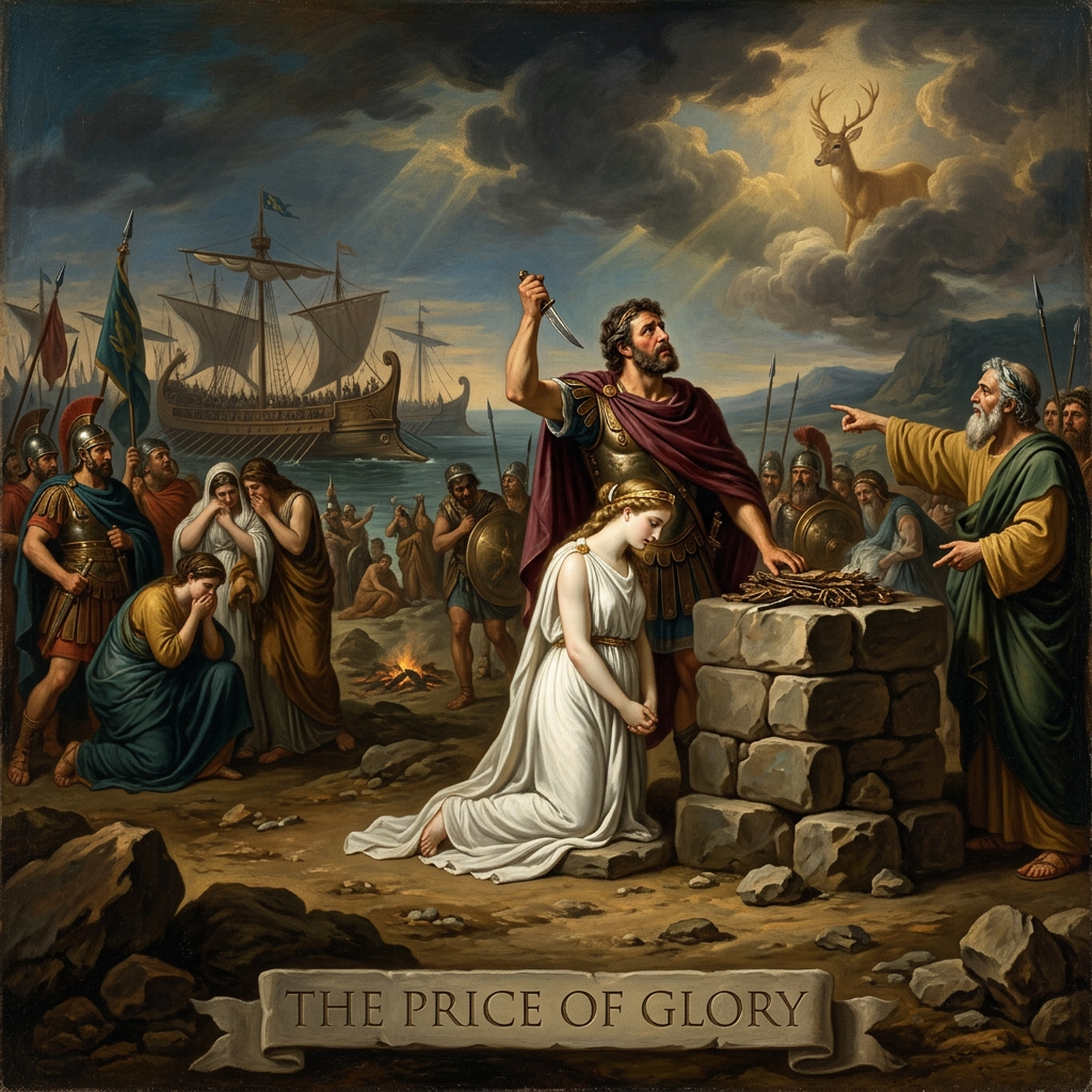 Ancient warriors, a kneeling woman, and a stone altar beneath a stag in clouds; text reads “THE PRICE OF GLORY.”