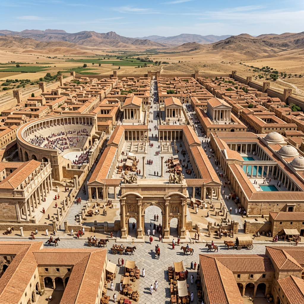 Aerial reconstruction of a Roman city with temples, markets, and amphitheater