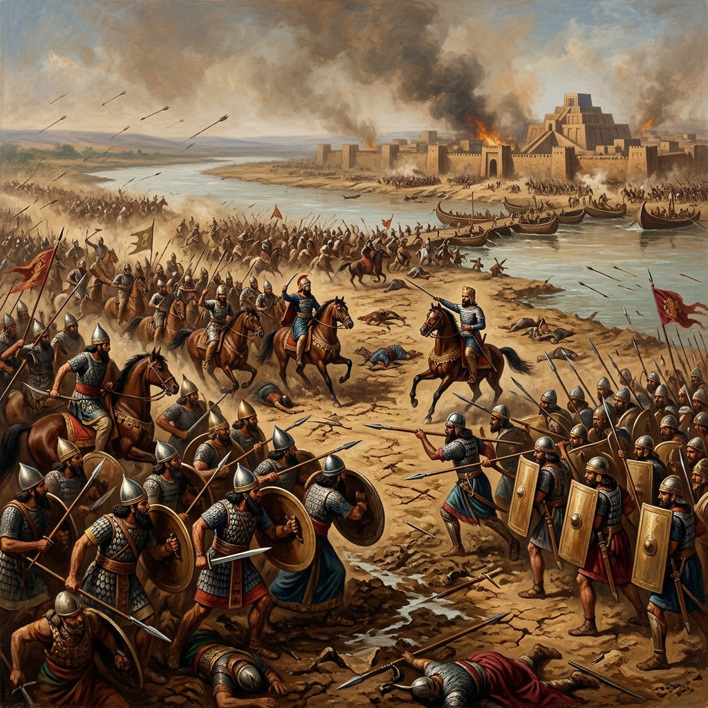 Ancient soldiers clash near a river and burning fortified city