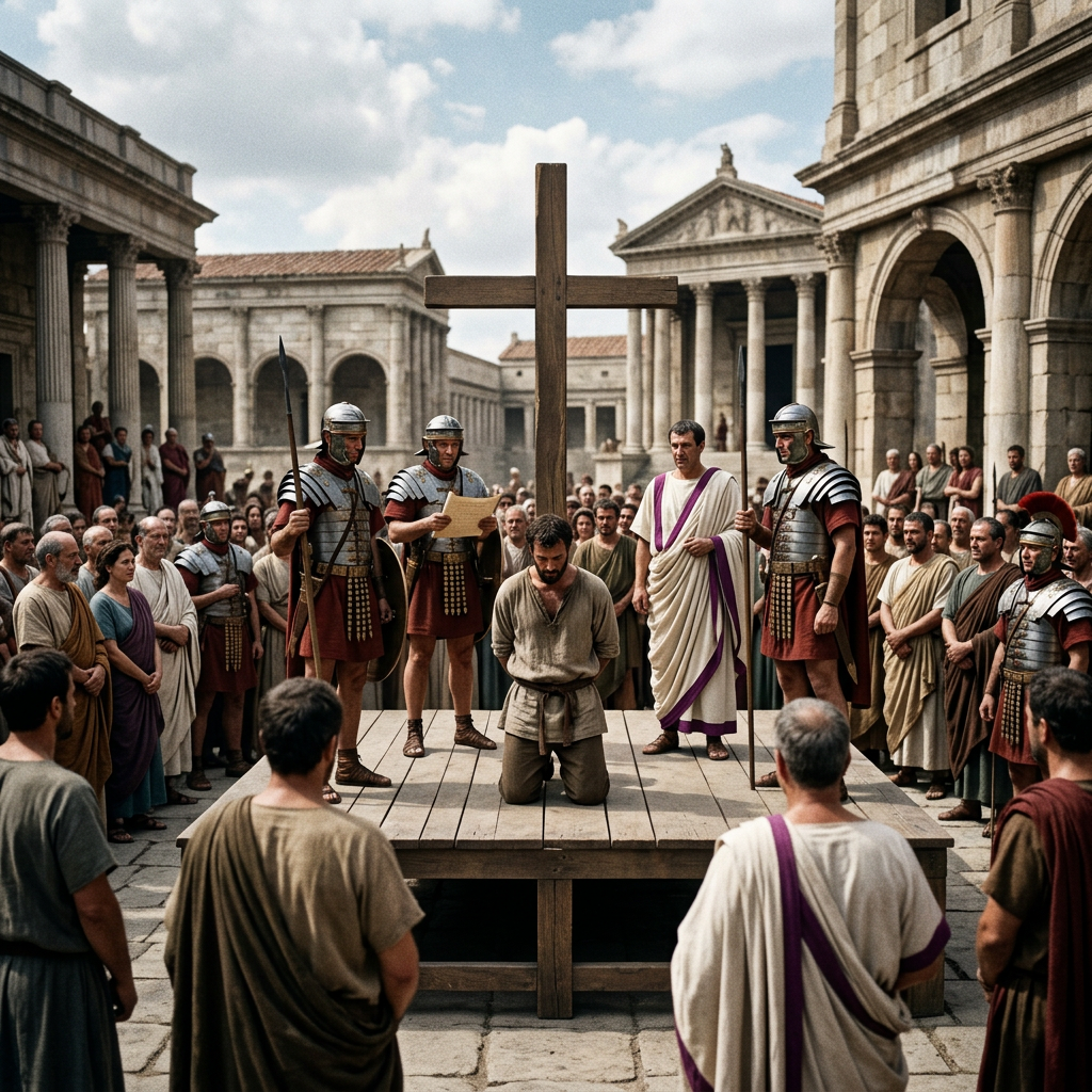 Kneeling prisoner beneath a cross surrounded by Roman soldiers and crowd