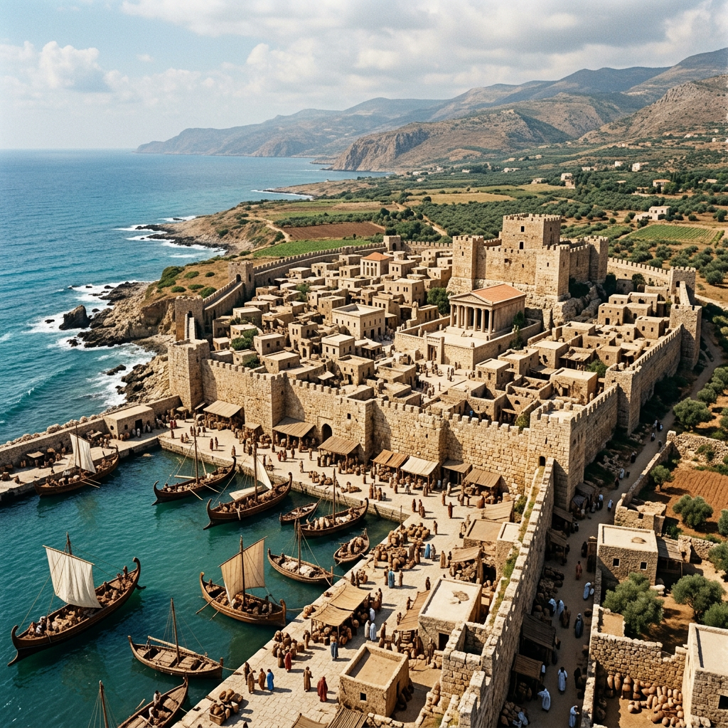 Medieval stone fortress harbor with sailing boats, market stalls, farmland, and coastal mountains