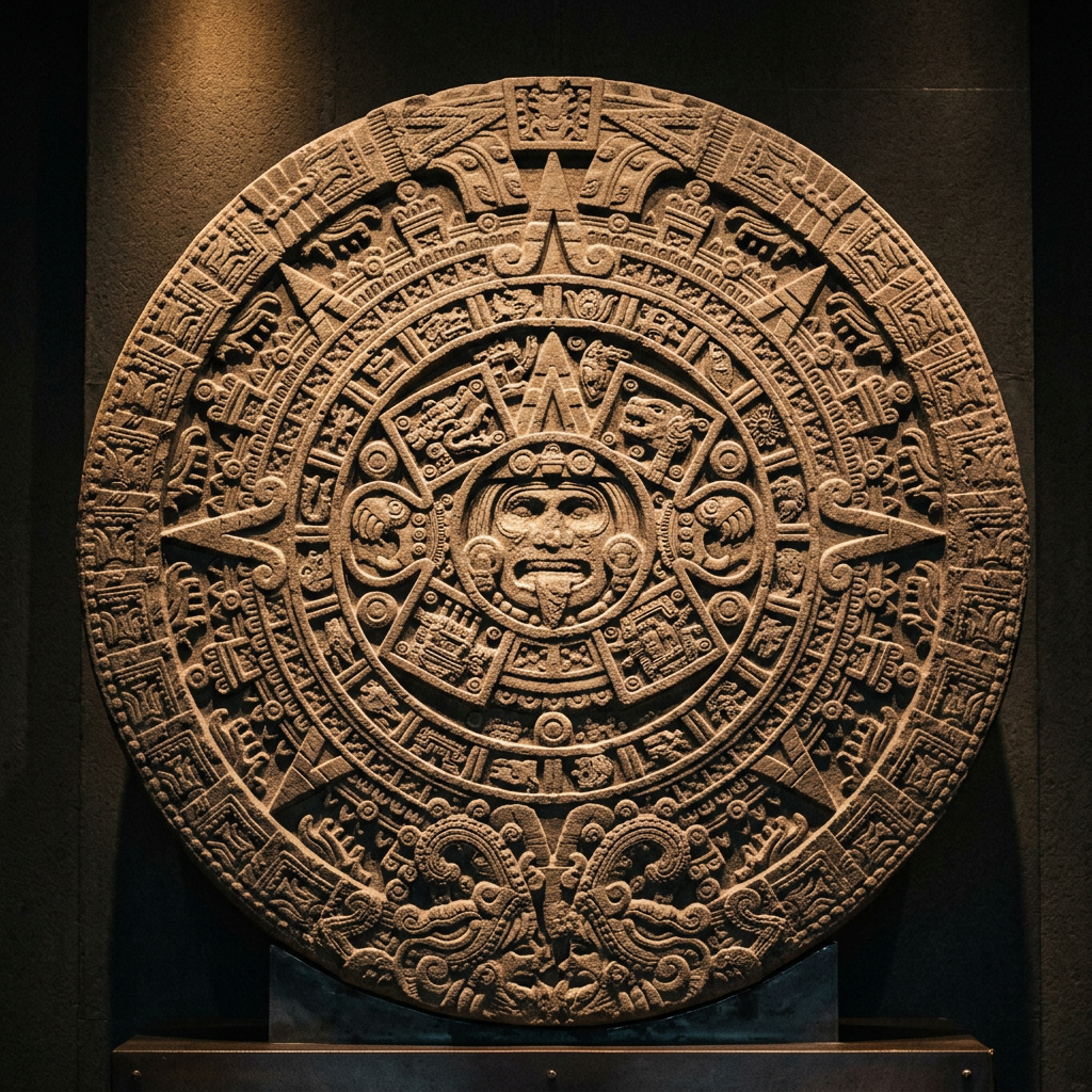Carved Aztec calendar stone displayed on a museum pedestal