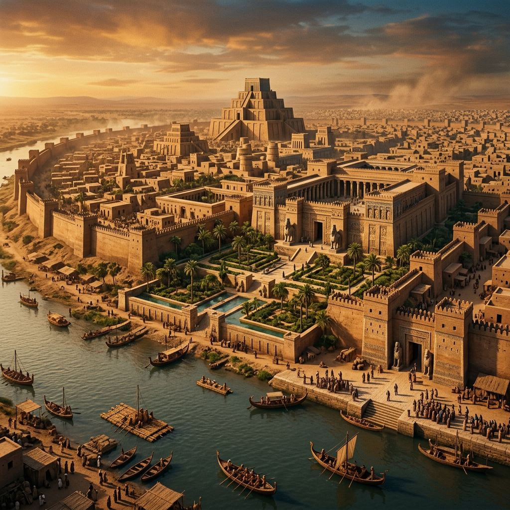 Ancient Mesopotamian city with ziggurat, temples, gardens, river, and boats
