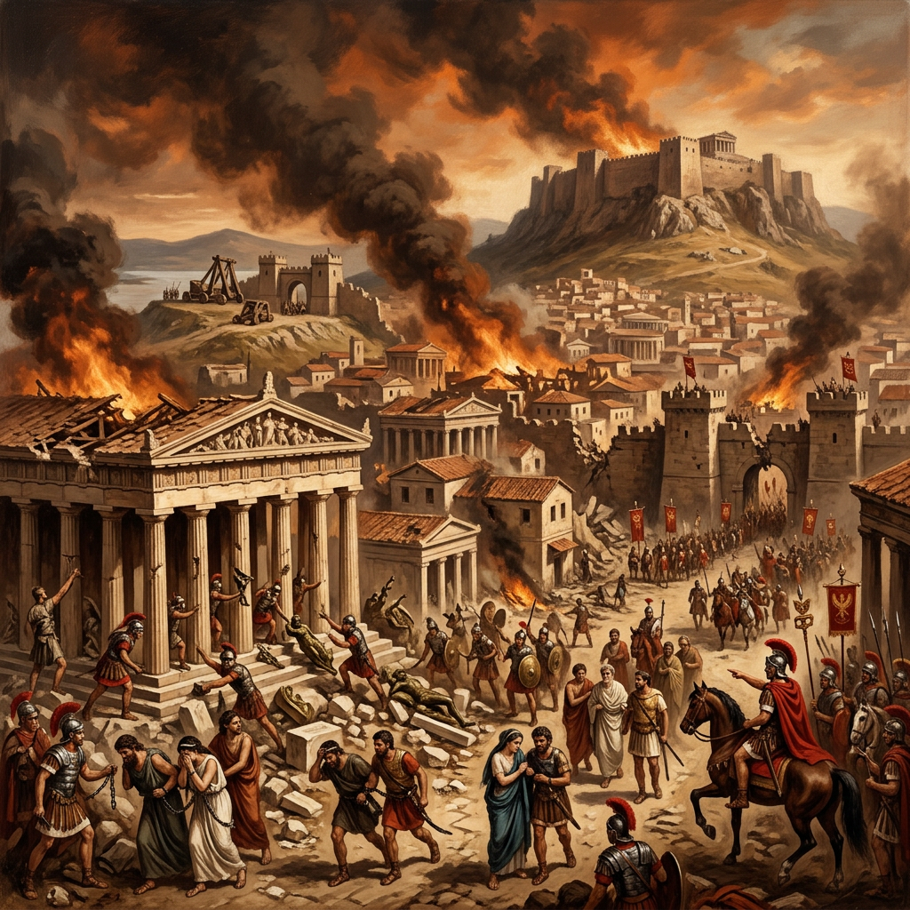 Ancient city burning during a siege, with soldiers and civilians in the streets
