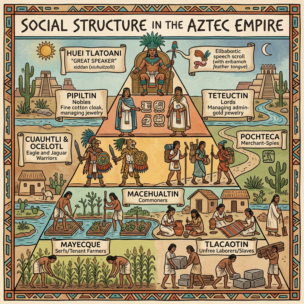 Social Structure in the Aztec Empire; Huey Tlatoani “Great Speaker”; Ellbaboitc speech scroll with eyibarnb feather tongue; Pipiltin Nobles; Teteuctin Lords; Cuauhtli & Ocelotl Eagle and Jaguar Warriors; Pochteca Merchant-Spies; Macehualtin Commoners; Mayecoque Serfs/Tenant Farmers; Tlacotintin Unfree Laborers/Slaves.