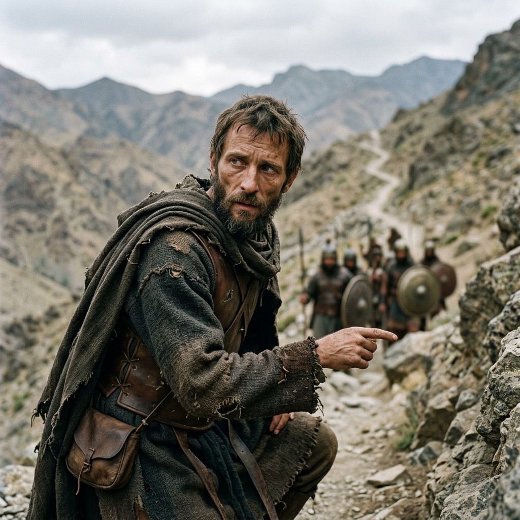 Rugged scout pointing along a mountain trail with armored travelers behind