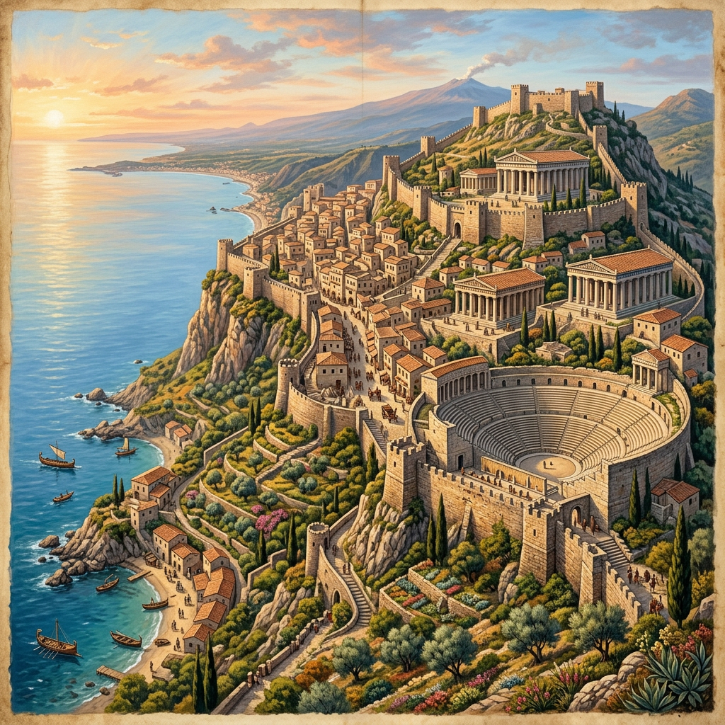 Illustrated ancient coastal city with temples, fortress walls, and amphitheater