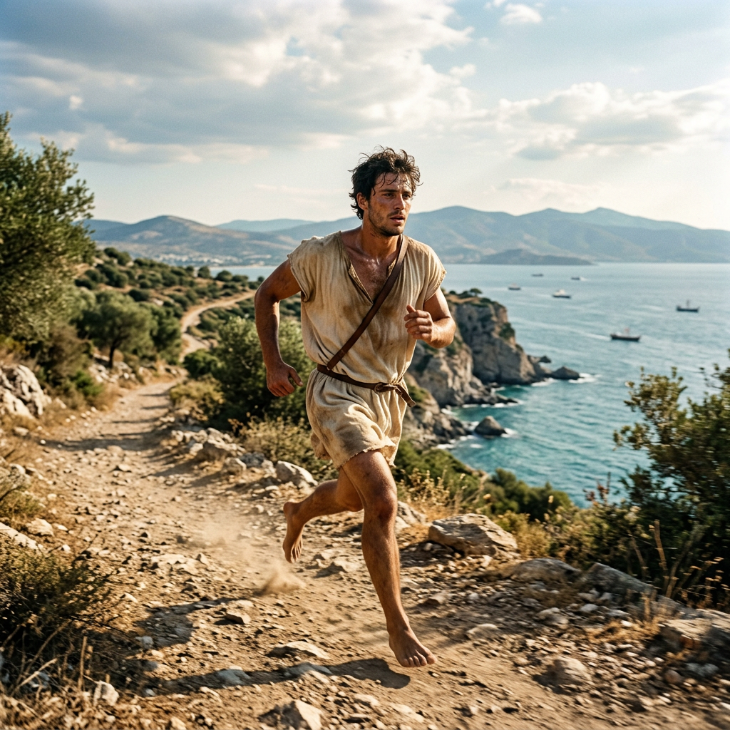 Barefoot man running on a rocky coastal trail beside the sea