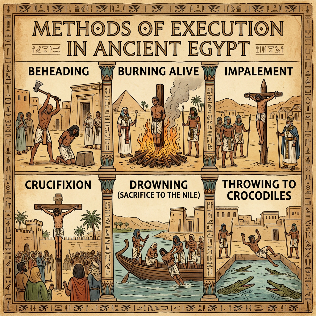 Infographic titled “Methods of Execution in Ancient Egypt,” showing beheading, burning alive, impalement, crucifixion, drowning, and throwing to crocodiles.