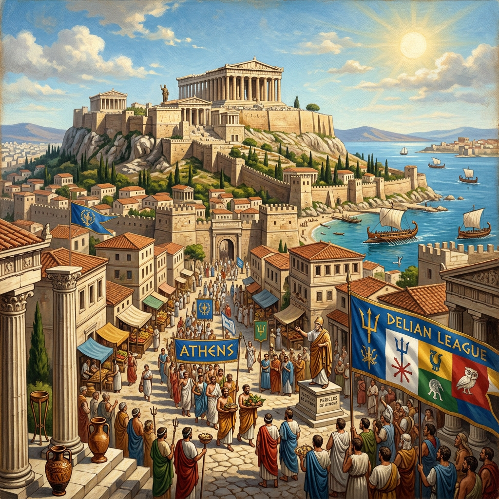 Illustration of Athens and Acropolis with banners reading ATHENS and DELIAN LEAGUE