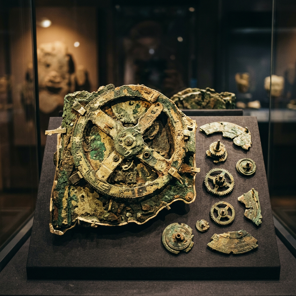 Ancient corroded geared mechanism and fragments displayed in a museum case