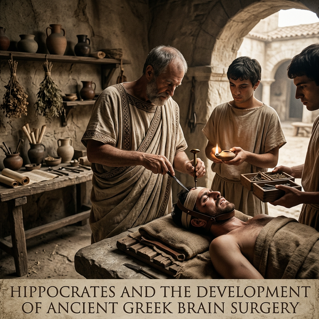 Ancient Greek surgery scene with text: HIPPOCRATES AND THE DEVELOPMENT OF ANCIENT GREEK BRAIN SURGERY