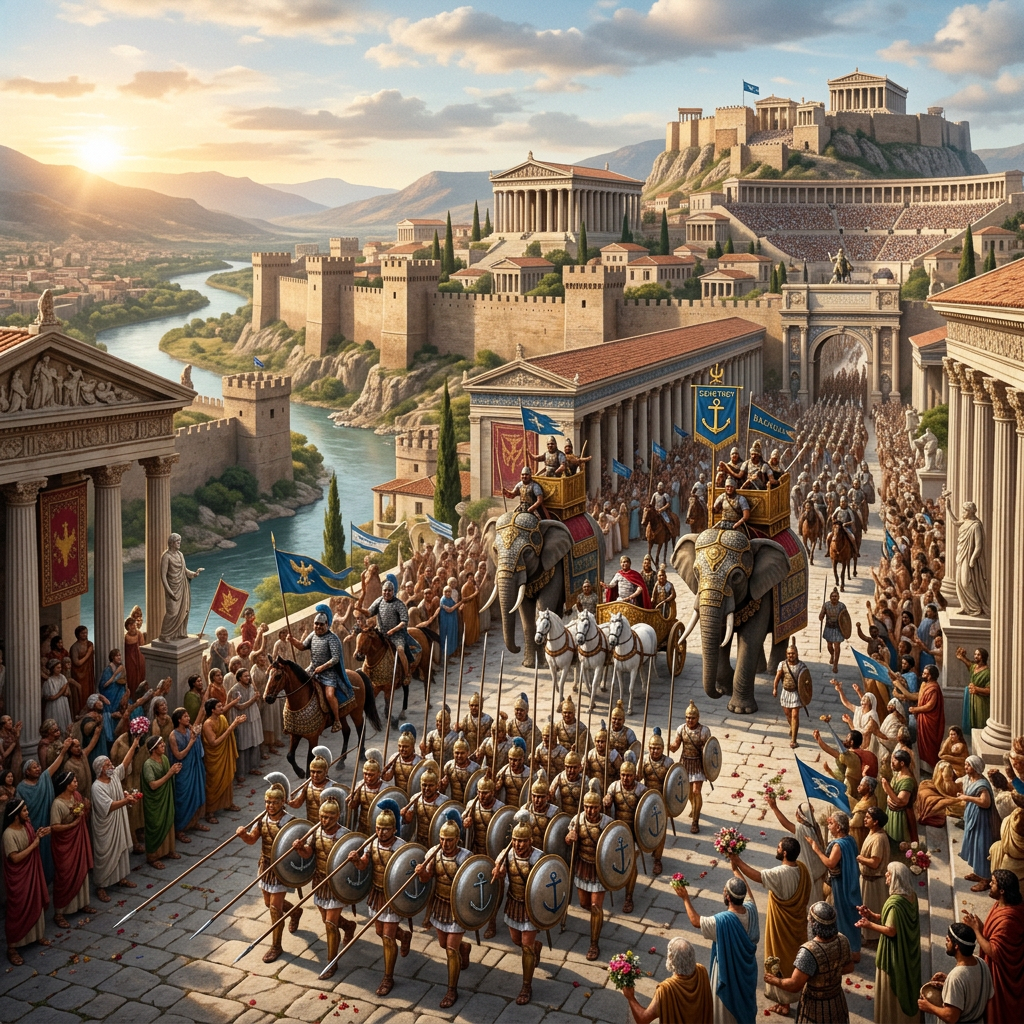 Ancient city procession with elephants, soldiers, temples, and cheering crowds