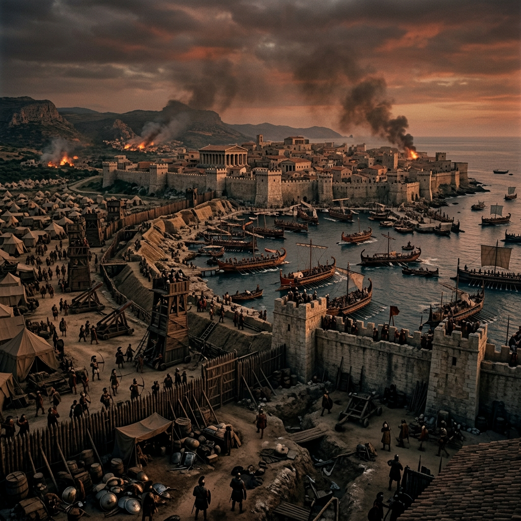 Fortified ancient harbor filled with ships, tents, and fires under smoky skies
